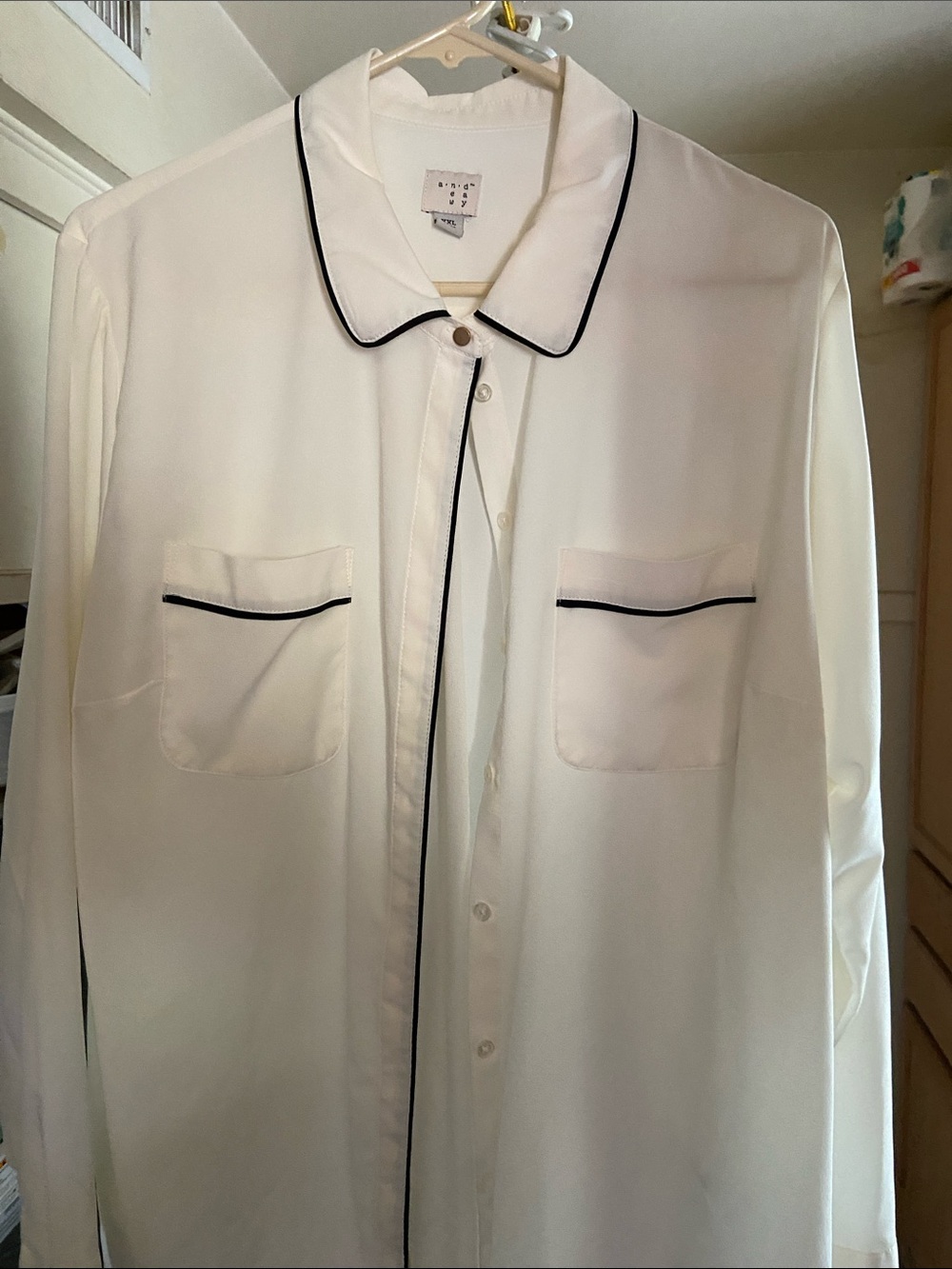 a new day White Blouse with Black Piping
